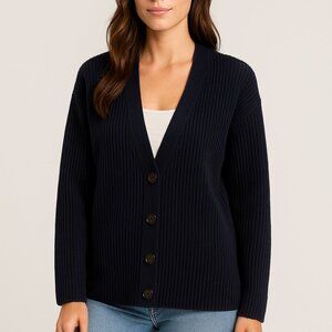Vince Navy Shaker Rib Cardigan Cashmere Wool Blend V-Neck Button Up Small NWT